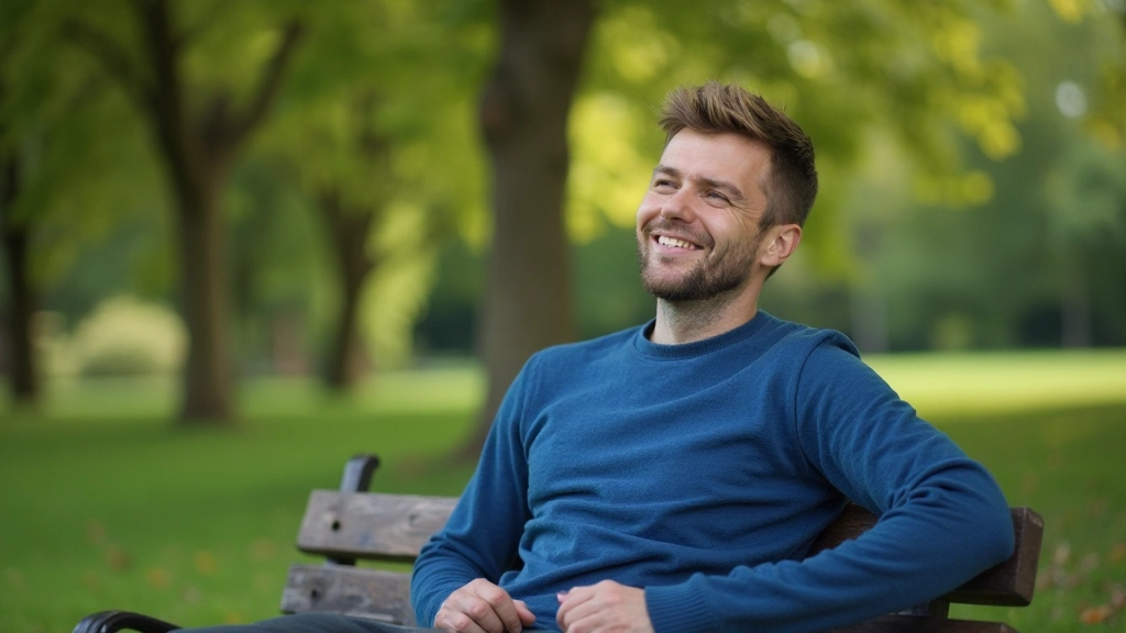 Man zit buiten op houten bankje in groen park, reflecterend moment met rust