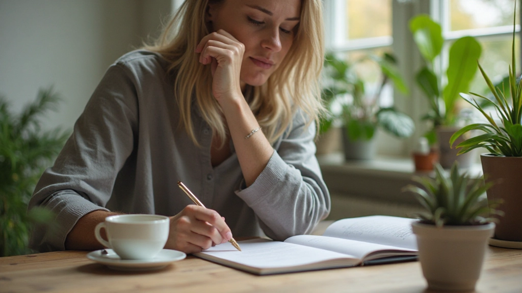 Iemand maakt notities in notitieboek bij warm koffie, vredevolle werkplek met veel natuurlijk licht