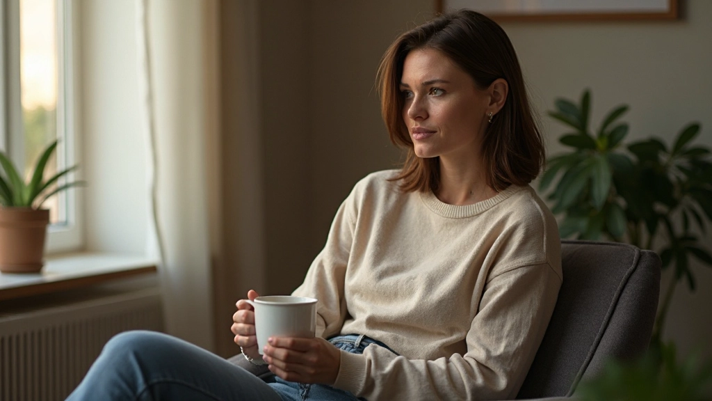 Persoon in reflectief moment met kopje koffie in moderne ruimte met natuurlijk licht