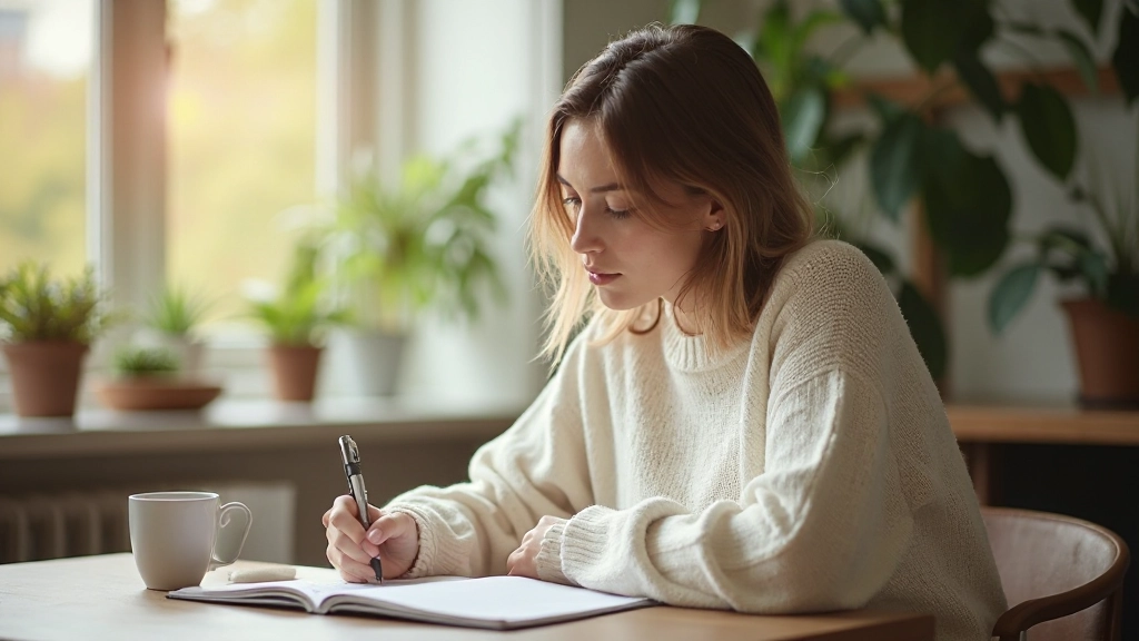 Vrouw schrijft in notitieboek bij kopje koffie aan houten bureau met natuurlijk licht